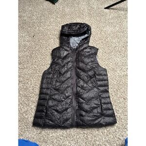 Dana Stein Hooded Puffer Vest Black Womens XS Down Filled Lightweight Quilted